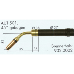 Welding Torch neck, 45° bent, AUT 501, watercooled, Binzel  - Ívpont Győr